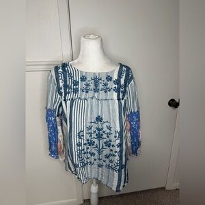 John Mark Striped Blue and White Embroidered Blouse size M